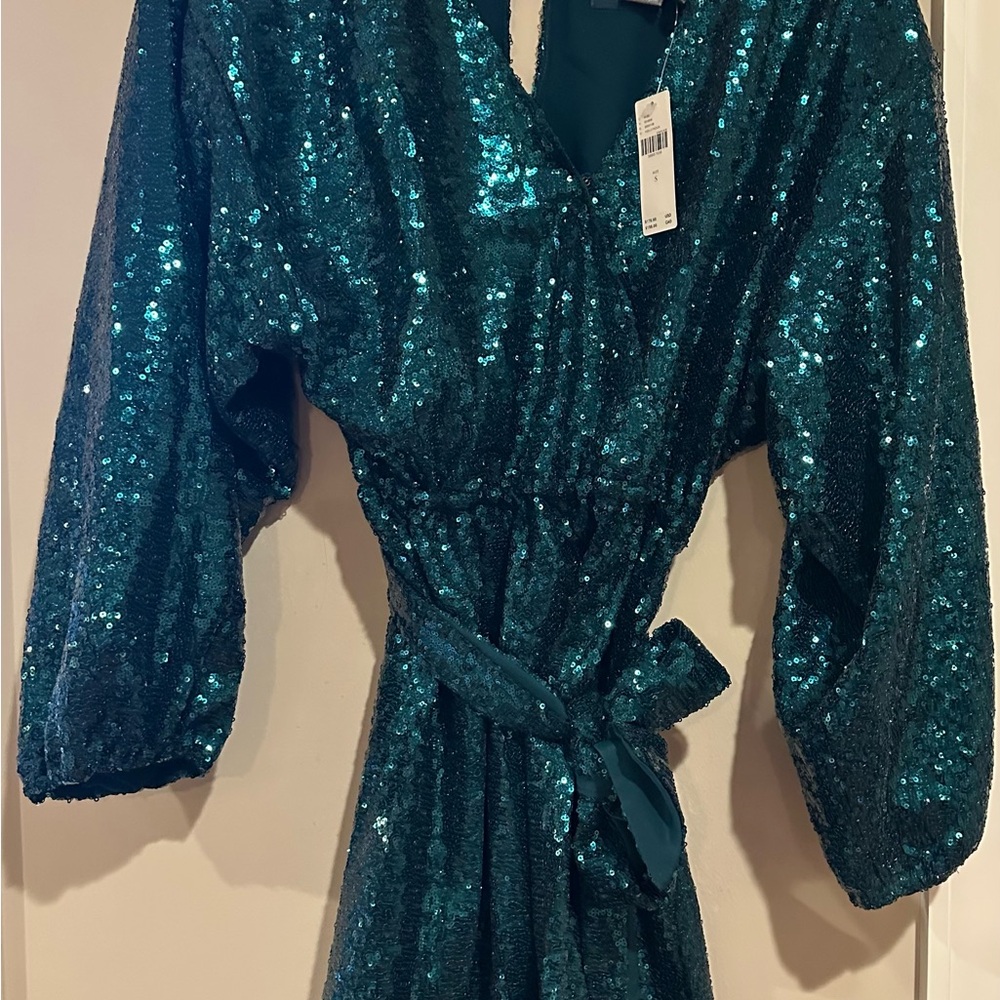 NWT Anthropologie Green Sequin Dress with Belt
